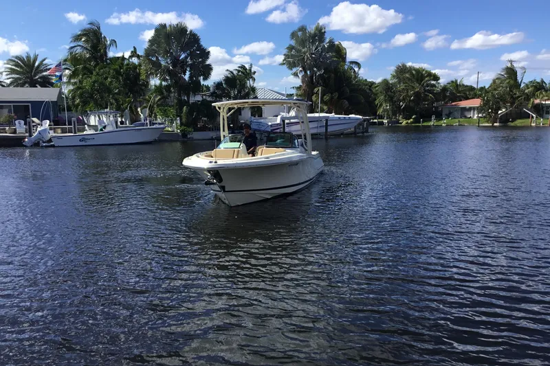 Slide: The Image of 2016 Chris-Craft Calypso 26 boat cruising on a sunny, palm-lined waterway. - 53