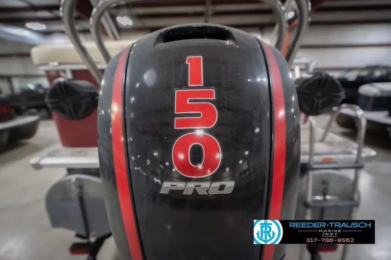 Slide: The Image of Outboard motor with "150 PRO" label on a 2010 Sylvan 8522 Mirage Cruise boat. - 49