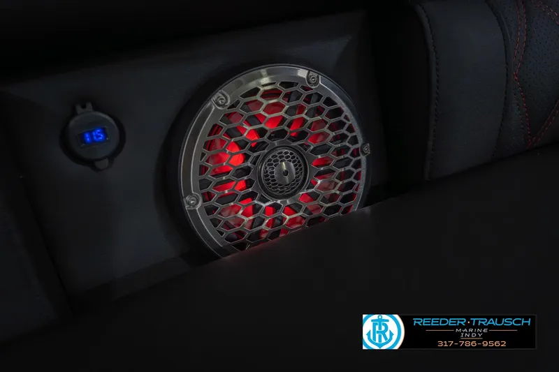 Slide: The Image of Speaker with red LED lights in a 2026 Bennington 25 RSB boat interior. - 48