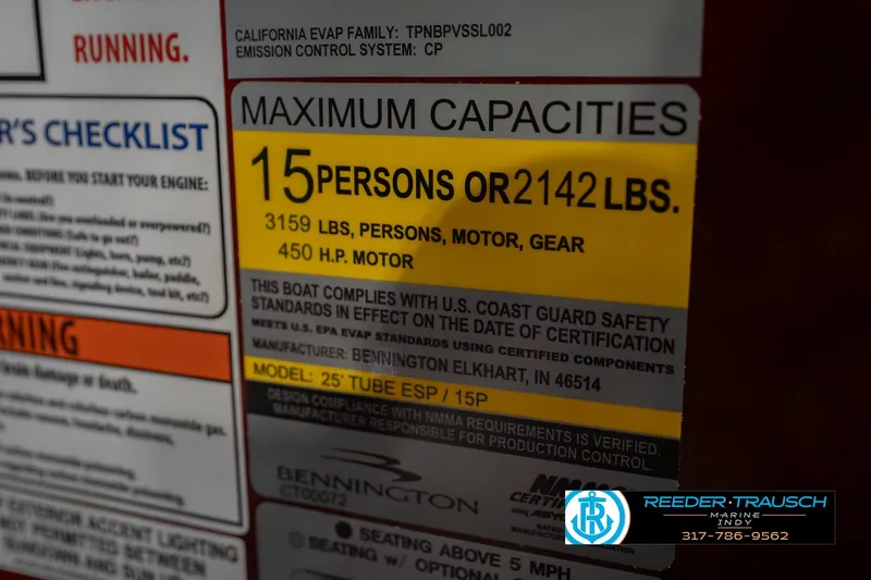 Slide: The Image of 2026 Bennington 25 RSB capacity label: 15 persons or 2142 lbs, 450 HP motor. - 61