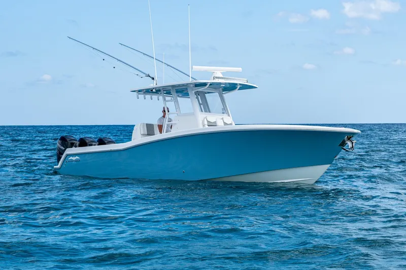 Slide: The Image of 2023 Invincible 36 Open Fisherman boat on open ocean waters. - 65