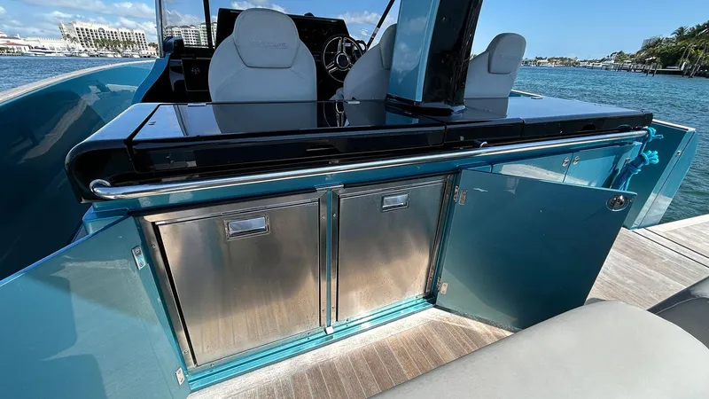 Slide: The Image of 2022 Solaris Power 44 yacht interior with sleek cabinetry and modern seating. - 34