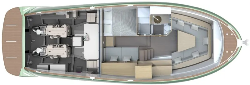 Slide: The Image of 2022 Solaris Power 44 yacht interior layout with engines, cabins, and bathroom. - 43