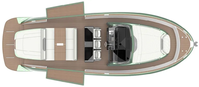 Slide: The Image of Top view of 2022 Solaris Power 44 yacht layout, featuring spacious deck and seating areas. - 48