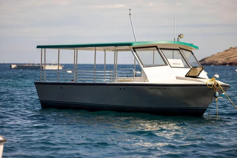 Slide: The Image of 2018 Seahawk Island Hopper boat anchored in calm blue waters. - 2