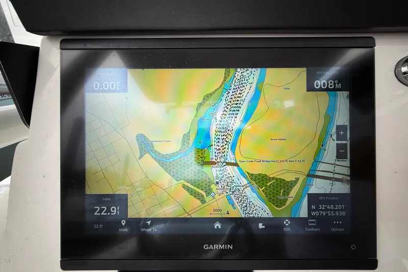 Slide: The Image of Garmin navigation display on 2023 Sea Fox 248 Commander boat, showing detailed waterway map. - 8