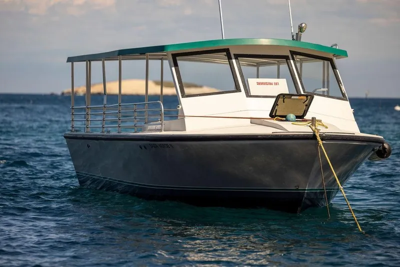 Slide: The Image of 2018 Seahawk Island Hopper boat anchored on calm blue water. - 1