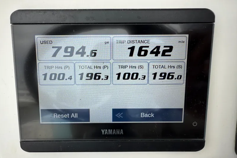 Slide: The Image of Yamaha display showing fuel usage and trip data for 2022 Sea Fox 288 Commander. - 9