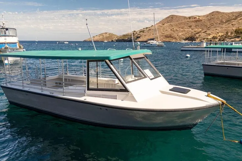 Slide: The Image of 2019 Seahawk Island Hopper boat moored in scenic coastal waters with hills in the background. - 0