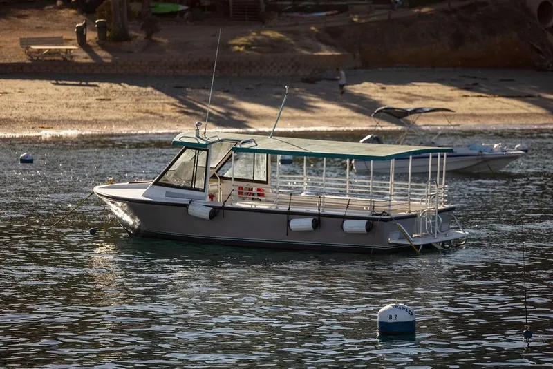 Slide: The Image of 2019 Seahawk Island Hopper boat moored near a sandy beach. - 14