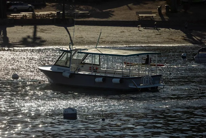 Slide: The Image of 2019 Seahawk Island Hopper boat on shimmering water near a sandy beach. - 15