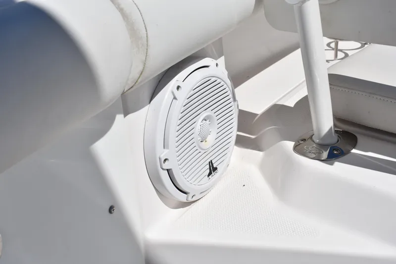 Slide: The Image of Speaker on 2018 Everglades 273 Center Console boat, white interior detail. - 30