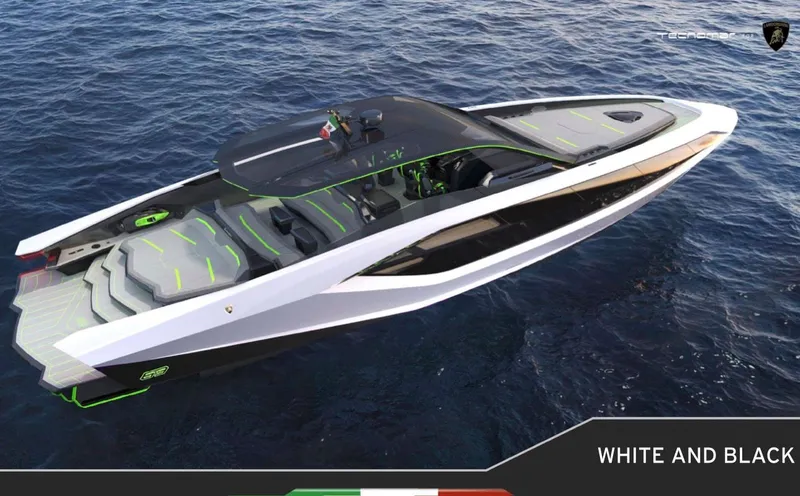 The Image of Luxury Tecnomar Lamborghini 63 yacht, 2025 model, in sleek white and black design on ocean water. - 0