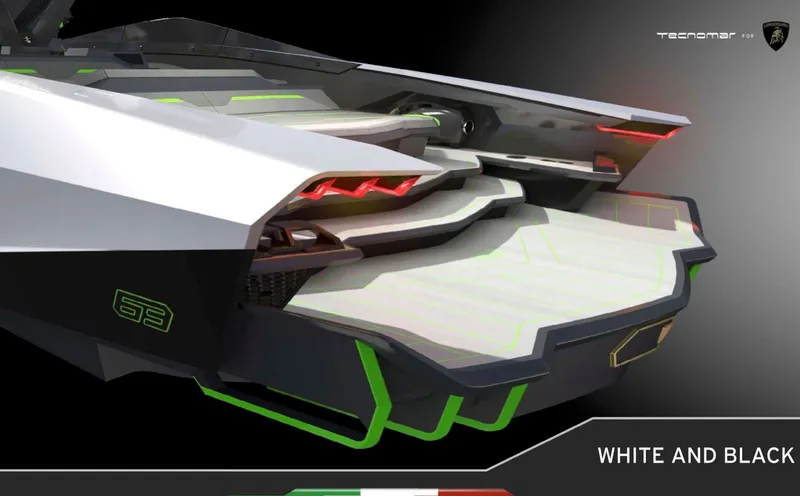 Slide: The Image of Futuristic Tecnomar Lamborghini 63 yacht design, 2025 model, featuring sleek white and black aesthetics. - 2