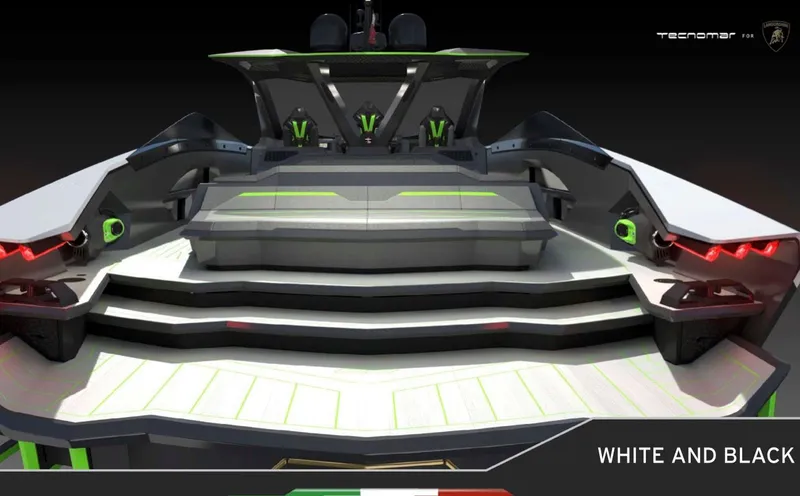 Slide: The Image of Tecnomar Lamborghini 63 yacht, 2025 model, featuring sleek white and black design with neon accents. - 3