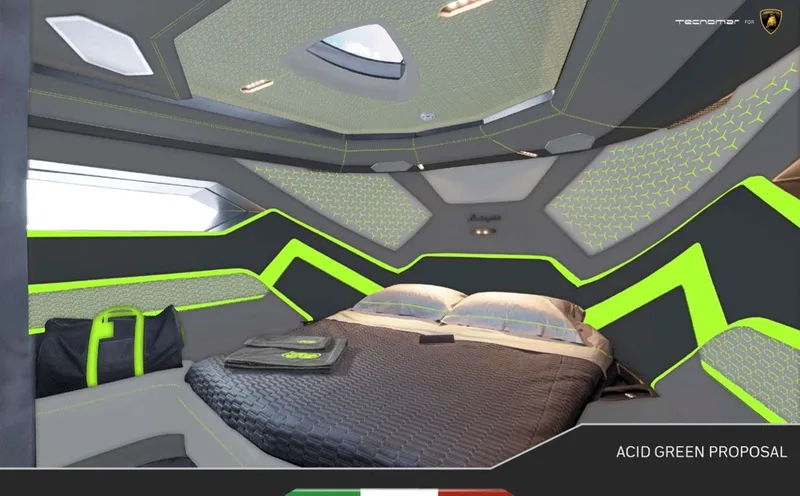 Slide: The Image of Luxury yacht bedroom with modern design, featuring neon green accents and skylight. Tecnomar Lamborghini 63, 2025. - 4