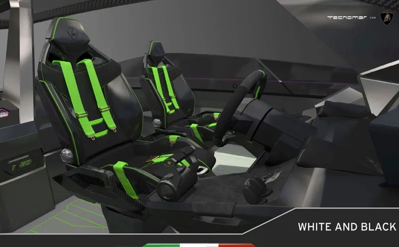 Slide: The Image of Interior of 2025 Tecnomar Lamborghini 63 yacht with black and green seats. - 5