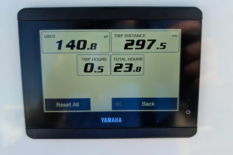 Slide: The Image of Yamaha display showing fuel usage, trip distance, and hours for Key West 239 FS, 2025 model. - 15