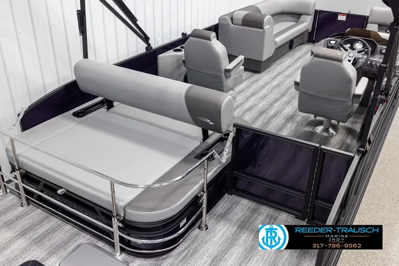 Slide: The Image of 2025 Bennington 21 SSB pontoon boat interior with gray seating and modern design. - 12