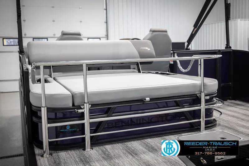 Slide: The Image of 2025 Bennington 21 SSB pontoon boat interior with sleek seating and modern design. - 25
