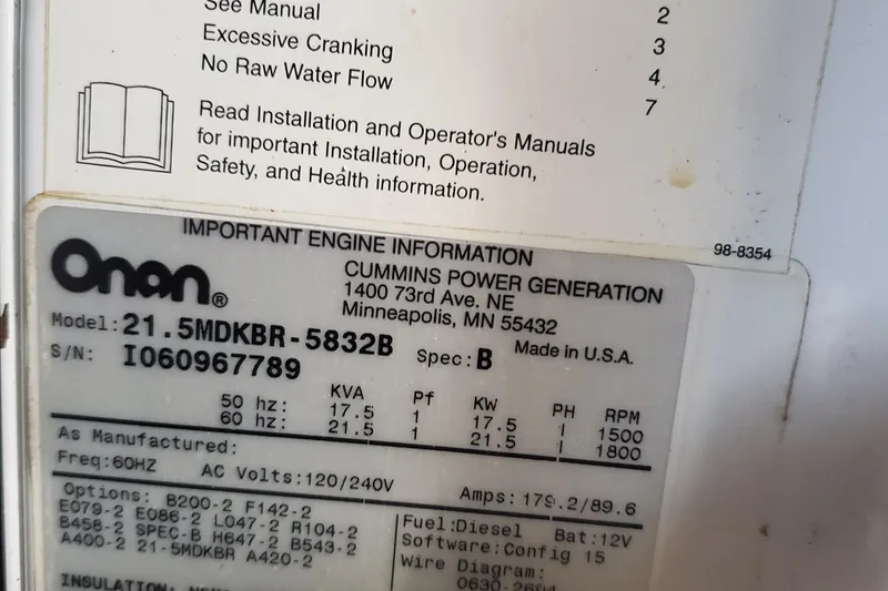 Slide: The Image of Onan generator label on 2007 Sea Ray 580 Sedan Bridge, model 21.5MDKBR-5832B, Cummins Power Generation. - 5