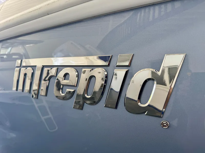 Slide: The Image of Chrome "Intrepid" logo on 2025 Intrepid 41 Panacea boat. - 3