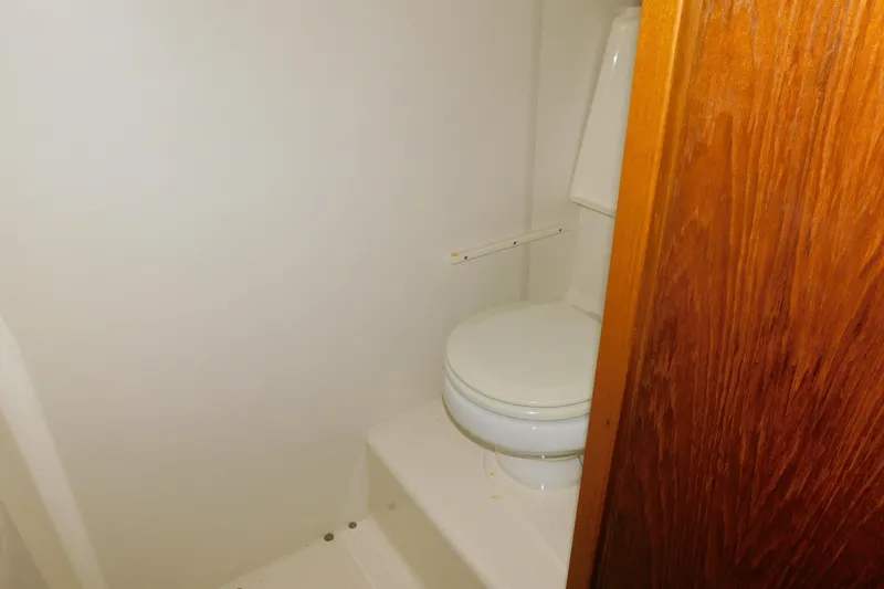 Slide: The Image of 2009 Tiara Yachts 4300 Sovran bathroom with white toilet and wooden door. - 35