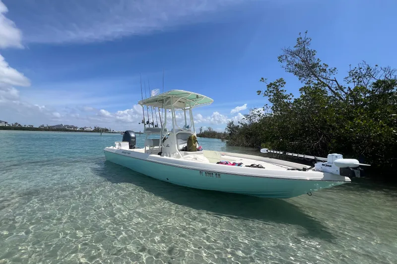 Slide: The Image of 2017 Skeeter SX230 boat near a sandy beach with clear blue water. - 6