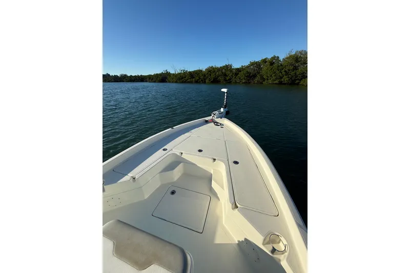 Slide: The Image of 2017 Skeeter SX230 boat on calm water with lush green shoreline. - 7