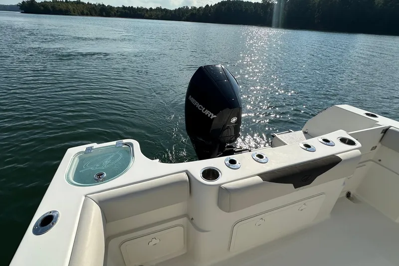 Slide: The Image of 2022 Sailfish 242 CC boat with Mercury engine on a serene lake. - 6