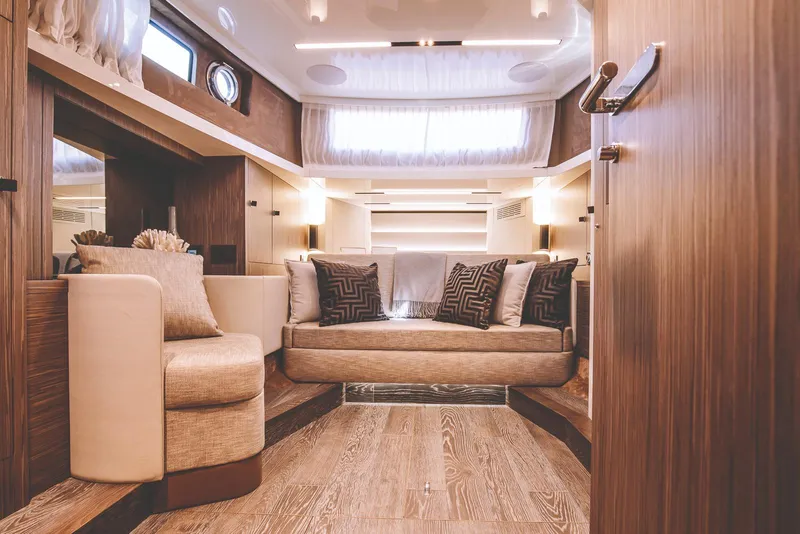 Slide: The Image of Luxurious interior of 2026 Cranchi A46 Luxury Tender with elegant bedding and ambient lighting. - 22