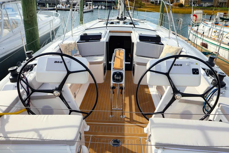 Slide: The Image of 2025 Hanse 458 yacht cockpit with dual steering wheels and modern navigation equipment. - 10