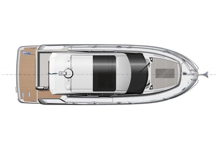 Slide: The Image of 2019 Jeanneau Leader 33 yacht docked in a marina under a wooden shelter. - 16