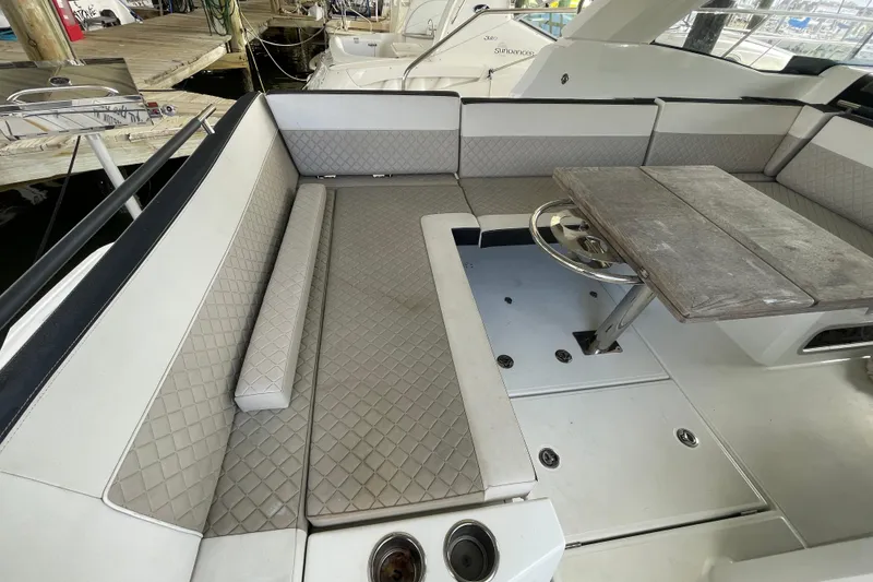 Slide: The Image of Cozy cabin interior of 2019 Jeanneau Leader 33 with plush bedding and wooden accents. - 31