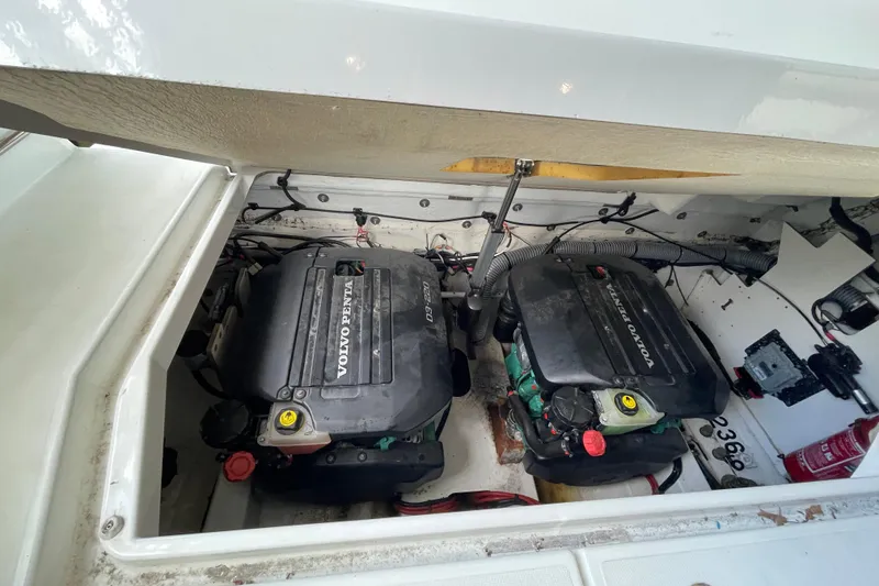 Slide: The Image of Engine compartment of 2019 Jeanneau Leader 33 with twin Volvo Penta engines. - 37