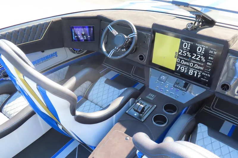 Slide: The Image of 2025 Performance Powerboats P420 cockpit with advanced navigation and control systems. - 10
