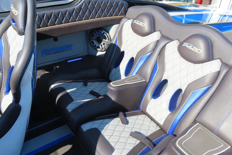 Slide: The Image of 2025 Performance Powerboats P420 interior with luxurious quilted seats and modern design. - 14
