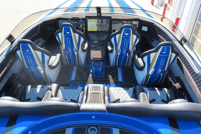 Slide: The Image of Interior of 2025 Performance Powerboats P420, featuring blue and white racing seats and advanced dashboard. - 19