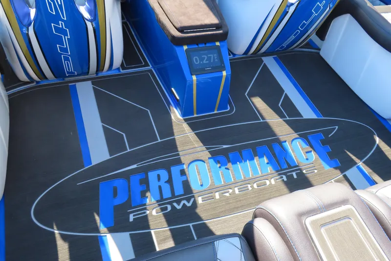 Slide: The Image of 2025 Performance Powerboats P420 interior with branded flooring and modern design elements. - 22