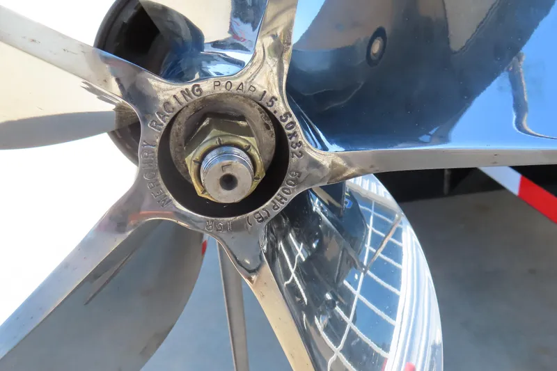 Slide: The Image of Close-up of a Mercury Racing propeller on a 2025 Performance Powerboats P420. - 29
