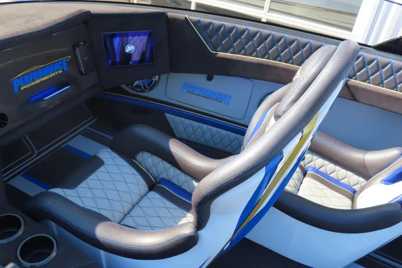 Slide: The Image of Interior of 2025 Performance Powerboats P420, featuring luxurious seating and modern dashboard design. - 8