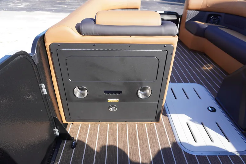 Slide: The Image of 2026 Premier 250 Solaris RS boat seat with brown and black leather upholstery. - 16