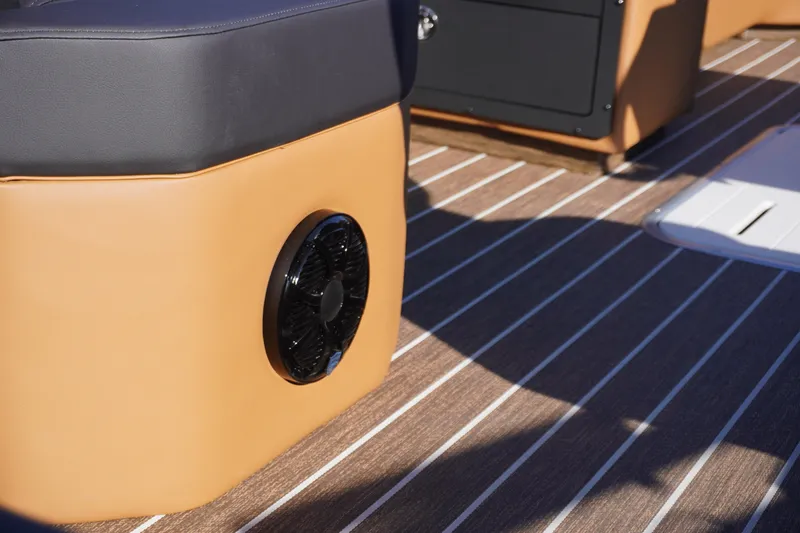 Slide: The Image of 2026 Premier 250 Solaris RS boat ladder and deck, featuring chrome and wood accents. - 29