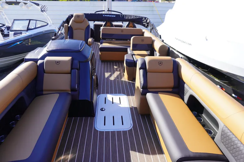 Slide: The Image of 2026 Premier 250 Solaris RS pontoon boat with sleek design and modern features. - 3