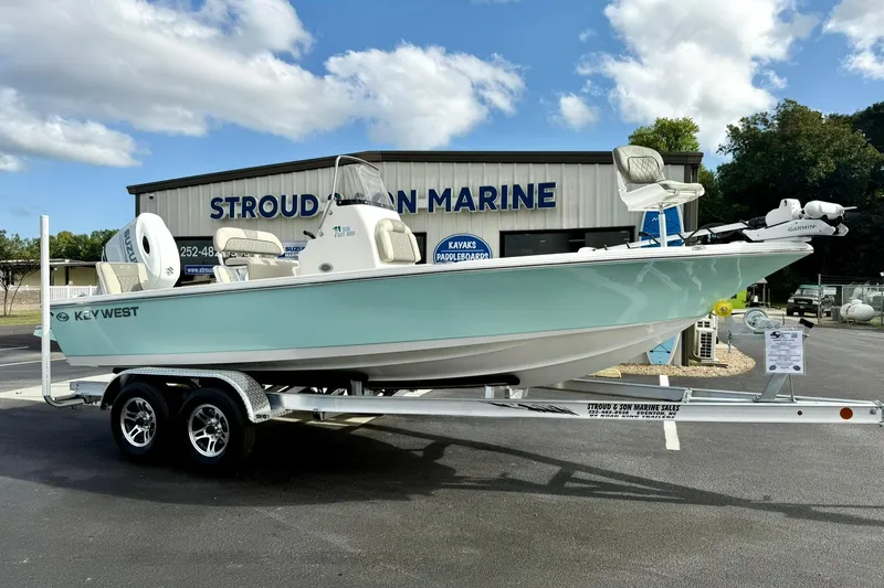 Slide: The Image of 2026 Key West 210 Bay Reef boat on trailer at Stroud Marine dealership. - 6