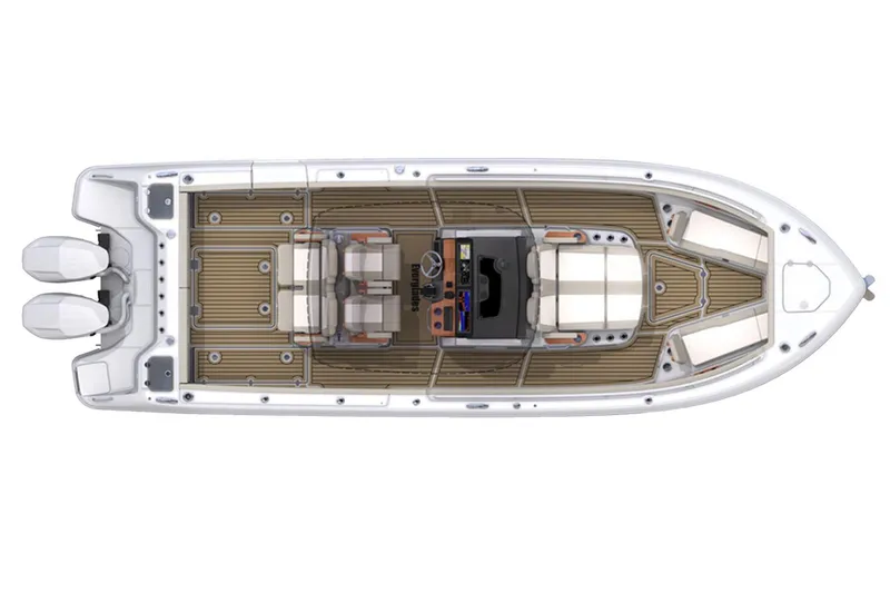 Slide: The Image of Manufacturer Provided Image: Top view of 2025 Everglades 315 Center Console boat with triple engines. - 11