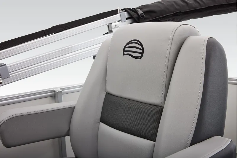 Slide: The Image of Manufacturer Provided Image: 2026 Sun Tracker Party Barge 16 DLX seat with logo, showcasing premium upholstery. - 26