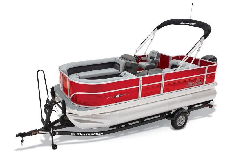 Slide: The Image of Manufacturer Provided Image: 2026 Sun Tracker Party Barge 18 DLX pontoon boat on trailer, red and gray design. - 15