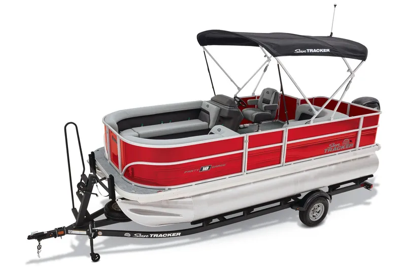Slide: The Image of Manufacturer Provided Image: 2026 Sun Tracker Party Barge 18 DLX pontoon boat with red exterior and canopy. - 17