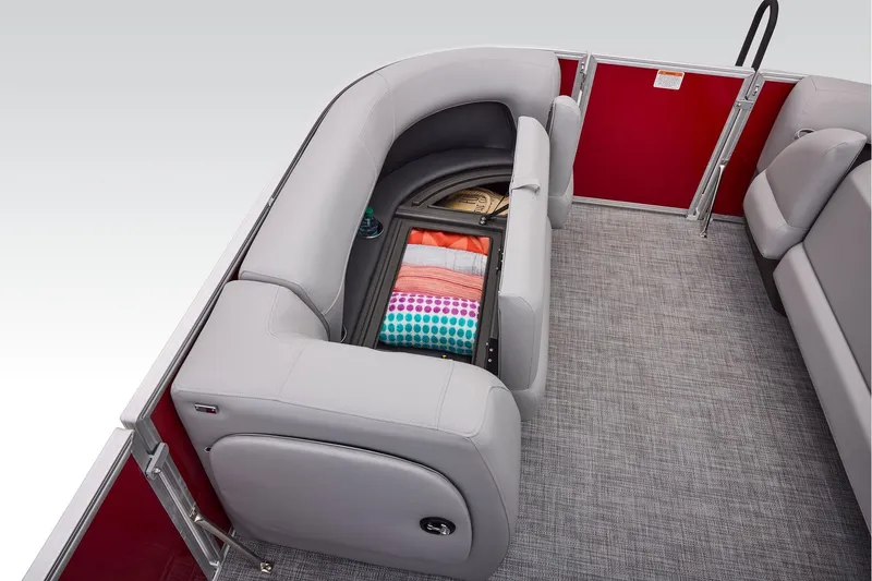 Slide: The Image of Manufacturer Provided Image: 2026 Sun Tracker Party Barge 18 DLX interior with storage under gray seating. - 36